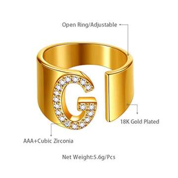 beautlace Letter G Rings Adjustable 18K Gold Plated Initial G Alphabet Open Ring with Cubic Zirconia Jewelry for Men and Women KR0037G