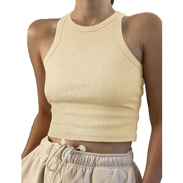Artfish Women Casual Sleeveless Crop Tank Top Beige