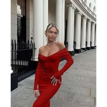 BEAGIMEG Women's Sexy Long Sleeve Off Shoulder Knit Bodycon Long Dress Red