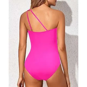 Holipick One Shoulder One Piece Swimsuit for Women Tummy Control Bathing Suits Modest Full Coverage Keyhole Swimwear Hot Pink