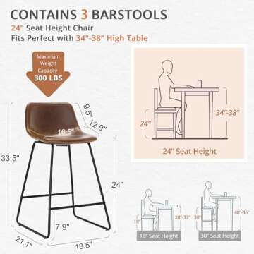 LUE BONA Bar Stools Set of 3, 24" ALX Faux Leather Barstools, Modern Counter Height Stools with Back...