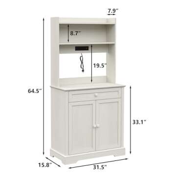 Furnihold White Kitchen Bakers Rack with Power Outlet, Freestanding Kitchen Pantry Hutch Door Microw...