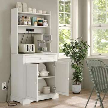 Furnihold White Kitchen Bakers Rack with Power Outlet, Freestanding Kitchen Pantry Hutch Door Microwave Oven Stand with Shelves, Kitchen Utility Storage Shelf with Cabinet, Coffee Bar