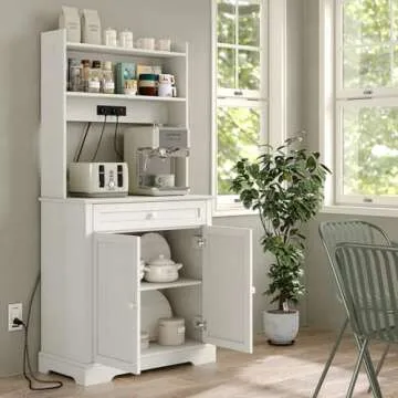 Furnihold White Kitchen Bakers Rack with Power Outlet, Freestanding Kitchen Pantry Hutch Door Microwave Oven Stand with Shelves, Kitchen Utility Storage Shelf with Cabinet, Coffee Bar