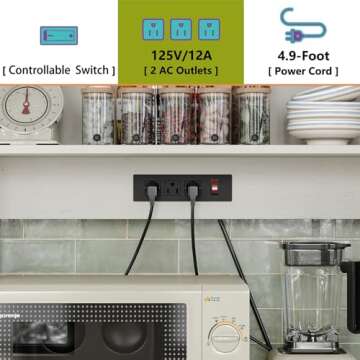 Furnihold White Kitchen Bakers Rack with Power Outlet, Freestanding Kitchen Pantry Hutch Door Microwave Oven Stand with Shelves, Kitchen Utility Storage Shelf with Cabinet, Coffee Bar