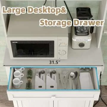 Furnihold White Kitchen Bakers Rack with Power Outlet, Freestanding Kitchen Pantry Hutch Door Microwave Oven Stand with Shelves, Kitchen Utility Storage Shelf with Cabinet, Coffee Bar