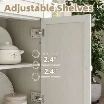 Furnihold White Kitchen Bakers Rack with Power Outlet, Freestanding Kitchen Pantry Hutch Door Microwave Oven Stand with Shelves, Kitchen Utility Storage Shelf with Cabinet, Coffee Bar