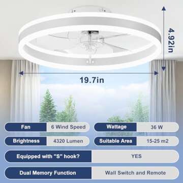 VOLISUN Low Profile Ceiling Fans with Lights and Remote, 19.7in Flush Mount Ceiling Fans with Light, 3000K-6500K Dimmable Fandelier LED Fan Light, White Bladeless Ceiling Fans with Lights for Bedroom