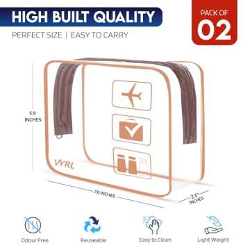 VYRL 2 Pack Clear Makeup Bag - Quart Size 3-1-1 TSA Approved Toiletry Bag with Zipper - Water-Resistant Durable PVC Clear Toiletry Bag for Carry-on Airport Travel Accessories - Rose Gold