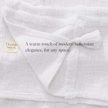 Double Stitch 100% Cotton Tufted Throw Blanket - Hand Crafted in India, Premium Decorative Throw with Tassels, Soft, Warm & Giftable Blanket for Couch, 50"x60", Bright White