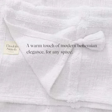 Double Stitch 100% Cotton Tufted Throw Blanket - Hand Crafted in India, Premium Decorative Throw with Tassels, Soft, Warm & Giftable Blanket for Couch, 50"x60", Bright White