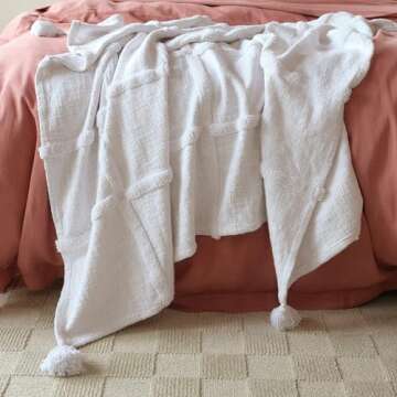 Double Stitch 100% Cotton Tufted Throw Blanket - Hand Crafted in India, Premium Decorative Throw with Tassels, Soft, Warm & Giftable Blanket for Couch, 50"x60", Bright White