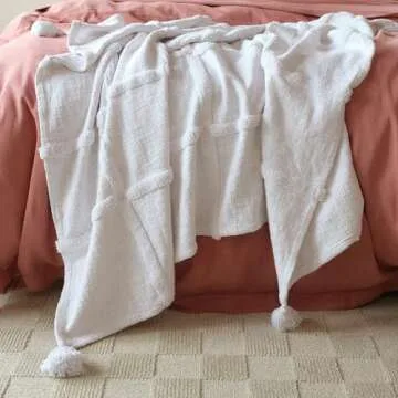 Double Stitch 100% Cotton Tufted Throw Blanket - Hand Crafted in India, Premium Decorative Throw with Tassels, Soft, Warm & Giftable Blanket for Couch, 50"x60", Bright White