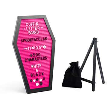 Coffin Letter Board Pink With Spooky Emojis +500 Characters, and Wooden Stand - 17x10.5 Inches - Gothic Halloween Decor Spooky Gifts Decorations