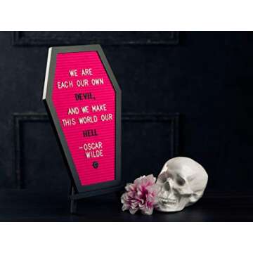 Coffin Letter Board Pink With Spooky Emojis +500 Characters, and Wooden Stand - 17x10.5 Inches - Gothic Halloween Decor Spooky Gifts Decorations
