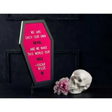 Coffin Letter Board Pink With Spooky Emojis +500 Characters, and Wooden Stand - 17x10.5 Inches - Gothic Halloween Decor Spooky Gifts Decorations