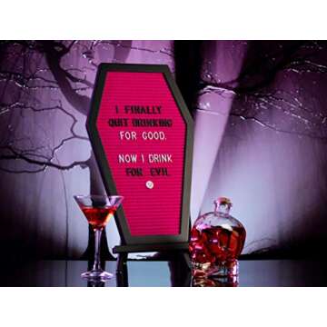 Coffin Letter Board Pink With Spooky Emojis +500 Characters, and Wooden Stand - 17x10.5 Inches - Gothic Halloween Decor Spooky Gifts Decorations