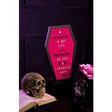 Coffin Letter Board Pink With Spooky Emojis +500 Characters, and Wooden Stand - 17x10.5 Inches - Gothic Halloween Decor Spooky Gifts Decorations