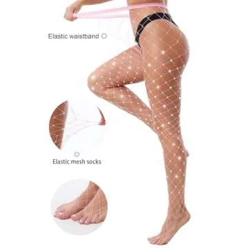 VEBZIN 2 Pack Cute Pink Large And Medium Mesh Rhinestone Fishnets Stockings Sparkly Tights for Women Diamond Fishnets