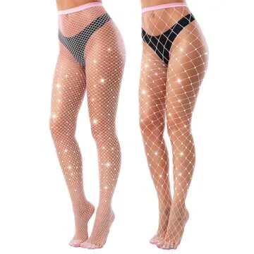 VEBZIN 2 Pack Cute Pink Large And Medium Mesh Rhinestone Fishnets Stockings Sparkly Tights for Women Diamond Fishnets