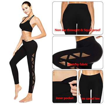 romansong Mesh Workout Leggings with Pockets High Waisted Distressed Butt Lifting Cute Ripped Cutout Soft Lace Dressy Leggings Yoga Pants for Women(Black,Small)