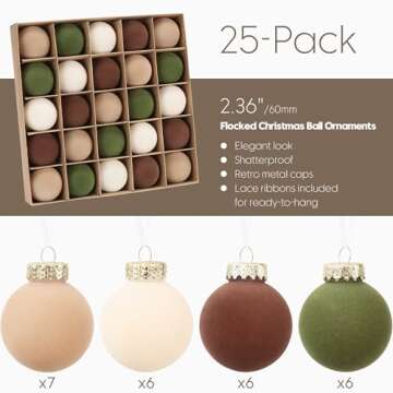 Sea Team 25-Pack Flocked Velvet Christmas Tree Ball Ornaments Set, Decorative Hanging Baubles, Shatterproof Plastic Decorations for Xmas Tree, Wreath, Garland, 60mm/2.36 Inches, Prairie Fall