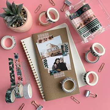 Washi Tape Set of 16 Rolls of 15 mm Wide Cute Decorative Washi Tape for Journaling, Scrapbook, Washy Crafts, Bullet Journals, Planners, DIY Décor, Craft Supplies For Adults & Kids (Meadow)