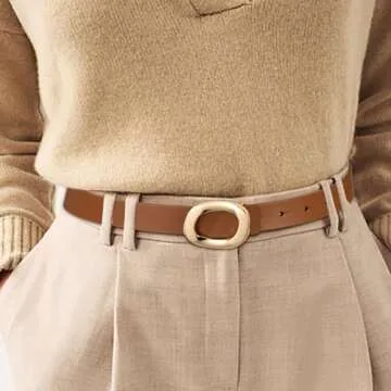 YooAi Womens Thin Leather Belt with Gold Oval Buckle