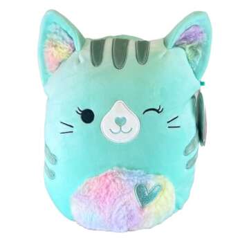 Squishmallows Official Kellytoy Corinna Teal Tabby Cat with Rainbow Fuzzy Ears and Belly 11 Inch Plu...