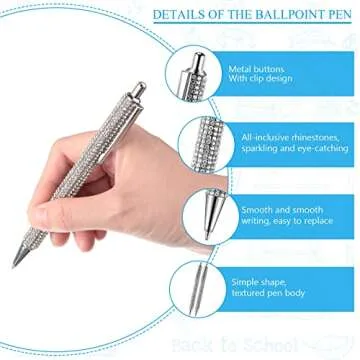 Jeyiour 8 Pcs Rhinestone Pen Bling Diamond Wedding Rhinestones Silver Metal Ballpoint Pen Fancy Sparkly Crystal Retractable Black Ink Pencil for Women Office Birthday 0.7mm(Silver)