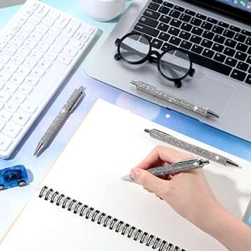 Jeyiour 8 Pcs Rhinestone Pen Bling Diamond Wedding Rhinestones Silver Metal Ballpoint Pen Fancy Sparkly Crystal Retractable Black Ink Pencil for Women Office Birthday 0.7mm(Silver)