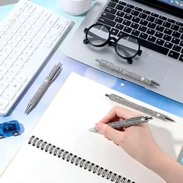 Jeyiour 8 Pcs Rhinestone Pen Bling Diamond Wedding Rhinestones Silver Metal Ballpoint Pen Fancy Sparkly Crystal Retractable Black Ink Pencil for Women Office Birthday 0.7mm(Silver)