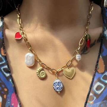 Gold Charm Necklace Red Heart Cherry Strawberry Pearl Bow Cross Charms Beach Jewelry for Women Trend...