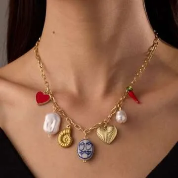 Gold Charm Necklace with Hearts and Pearls for Women