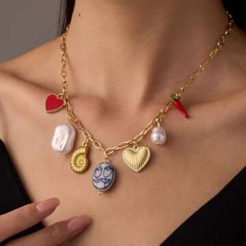 Gold Charm Necklace with Hearts and Pearls for Women
