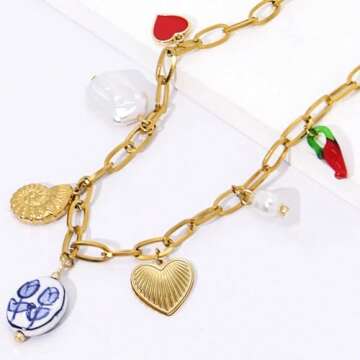 Gold Charm Necklace with Hearts and Pearls for Women