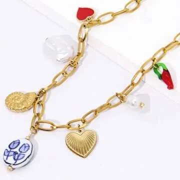 Gold Charm Necklace with Hearts and Pearls for Women
