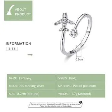 CZ Airplane Open Statement Rings S925 Sterling Silver for Women Crystal Diamond Travel Souvenir Adjustable Wrap Cuff Eternity Promise Engagement Ring Finger Band Dainty Jewelry Gifts