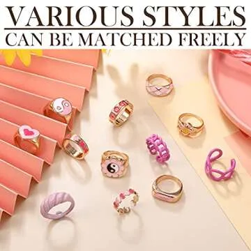Hicarer 12 Pcs Y2k Rings Hot Pink Rings Colorful Resin Acrylic Rings Chunky Rings Vintage Knuckle Rings Trendy Rings for Women
