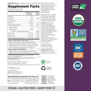Garden of Life SPORT Organic Plant-Based Energy + Focus Pre Workout Powder Packets, Blackberry Flavor - Clean Preworkout with 85mg Caffeine, Natural NO Booster B12 Vegan Gluten Free Non-GMO 12ct Tray