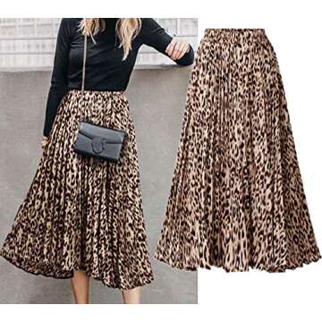 CHARTOU Womens Chic Elastic High Waisted A Line Leopard Print Pleated Shirring Midi-Long Skirt (Beige/Black Print, Large)