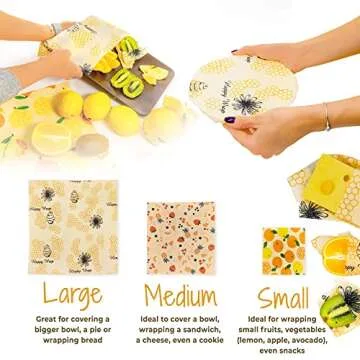 Reusable Beeswax Food Wraps Set – 9 Pcs Assorted Sustainable Beeswax Wrap, Washable Wax Wrapping, Bread Sandwich Storage Wax Covers (3 Each for Small, Medium, and Large)