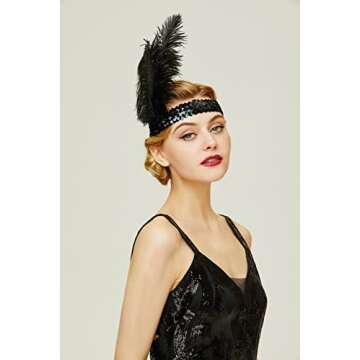 BABEYOND 1920s Flapper Headband Roaring 20s Sequined Showgirl Headpiece Great Gatsby Headband with Black Feather