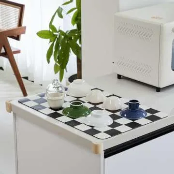 Ohocut Checkered Dish Drying Mat for Kitchen Counter, Coffee Bar, Coffee Station Accessories, Retro Cute Aesthetic Absorbent Coffee Mat Kitchen Drying Mat Easy Clean, Black Checkered 12" x 19"