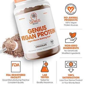 Genius Vegan Protein Powder, Chocolate - Plant-Based Lean Muscle Building Shake for Men & Women - Pea & Pumpkin Protein Sources - Naturally Flavored & Sweetened - Dairy & Lactose Free