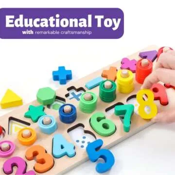BEKILOLE Wooden Montessori Toys for Kids Toddler Number Puzzles Sorter Counting Shape Stacker Stacki...