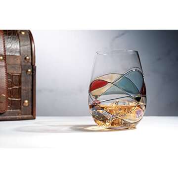 Artisanal Hand Painted Stemless Wine Glasses - Valentines Day Gift for Her, Wife, Mom, Friends, Girlfriend - Renaissance Stained Glass, 2 Set - Birthday, Housewarming Gift Idea - Extra Large Goblets