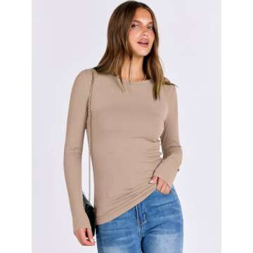 ANRABESS Women Long Sleeve Crewneck Rib Knit Slim Fit Shirts Basic Tee Tops 2025 Casual T-Shirt Going Out Workout Outfits Light Khaki Medium