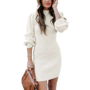 ANRABESS Women Long Sleeve Turtle Mock Neck Rib Knit Stretch Slim Fitted Bodycon Sweater Mini Short Dress 2024 Fall Outfits White Medium