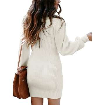 ANRABESS Women Long Sleeve Turtle Mock Neck Rib Knit Stretch Slim Fitted Bodycon Sweater Mini Short Dress 2024 Fall Outfits White Medium
